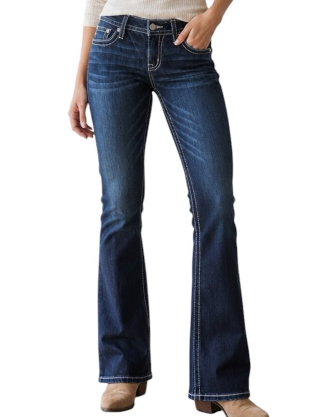 NWT Miss Me mid rise boot jeans w cntrst stitch/high design pockets retail $118 - Picture 1 of 14